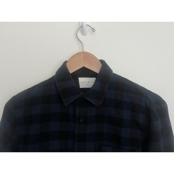 Sandro Paris Men’s Printed Cotton Blue Black Check Overshirt Flannel Size Small - Picture 3 of 9